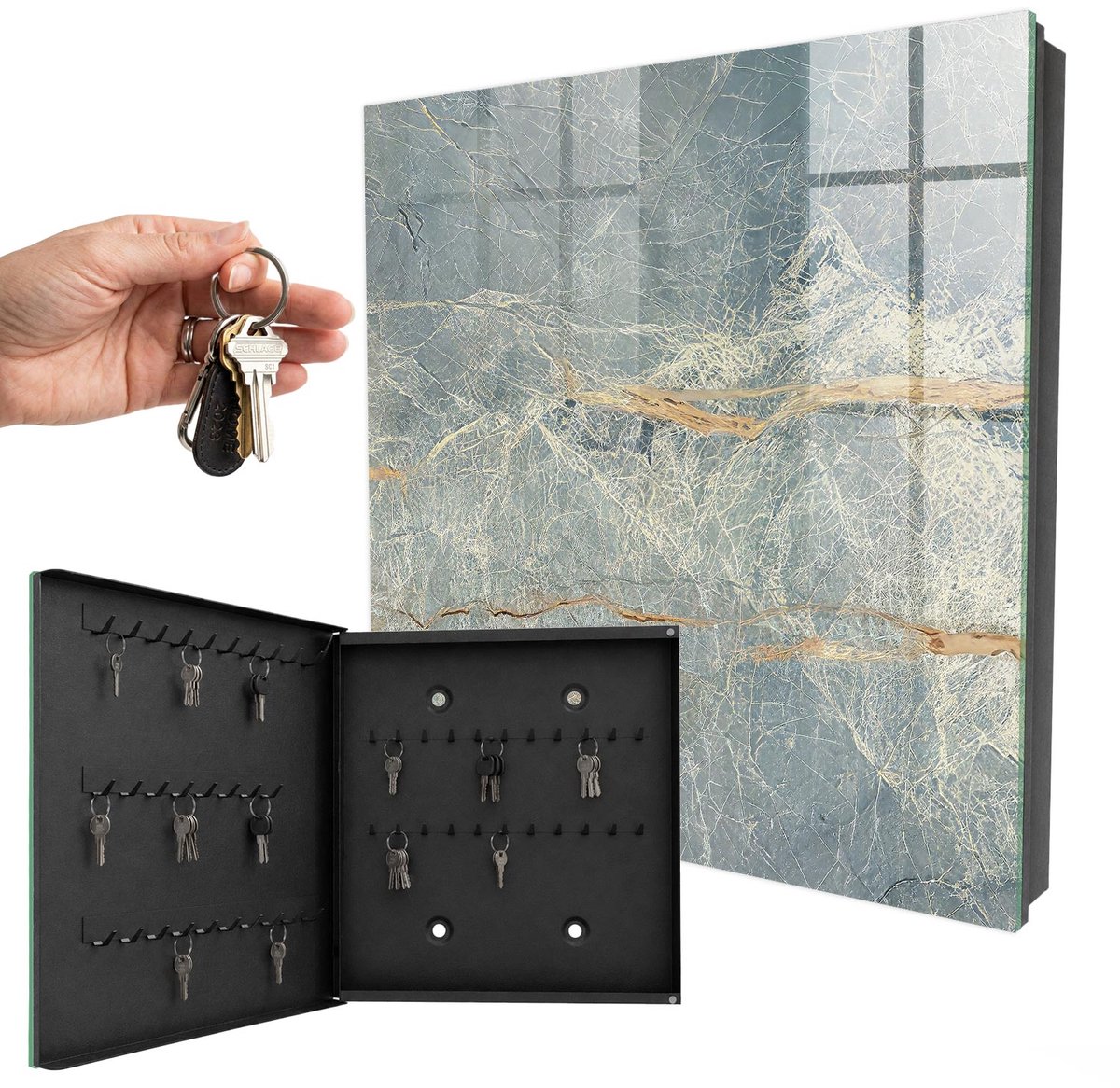 WallMuralia - Sleutelkast - 30x30x5 cm - met 50 haken - Marmertextuur Sleutelkastje Gang - Grijs Sleutelbox - Linksopenend - Zwart interieur