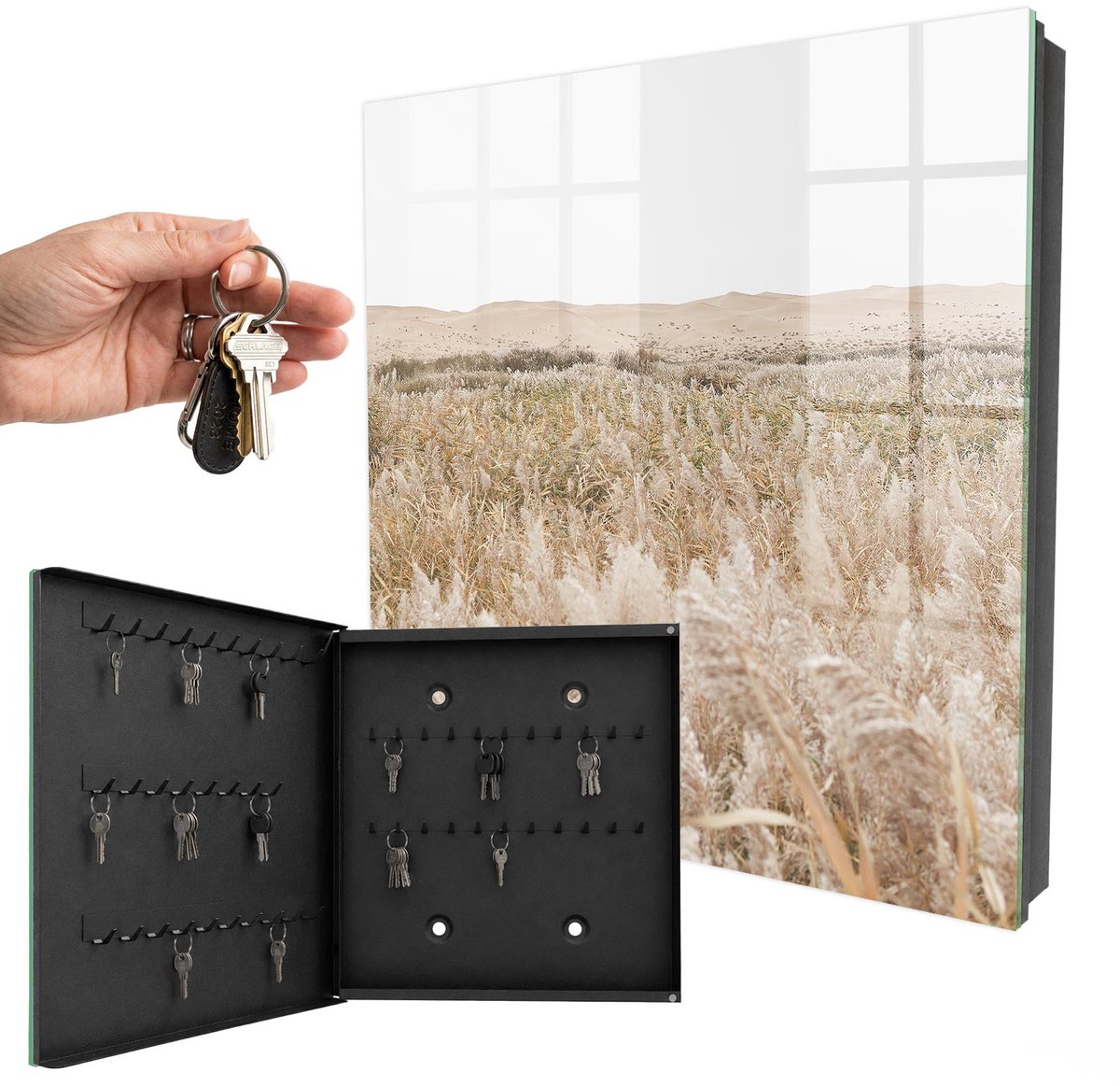WallMuralia - Sleutelkast - 30x30x5 cm - met 50 haken - Woestijnharmonie Sleutelkastje Binnen - Beige Sleutelbox - Linksopenend - Zwart interieur