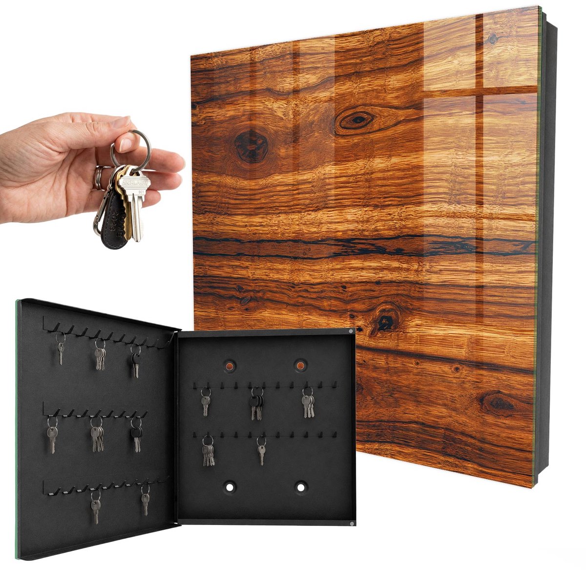 WallMuralia - Sleutelkast - 30x30x5 cm - met 50 haken - Houtstructuur Design Sleutelkastje - Bruin Sleutelbox - Linksopenend - Zwart interieur