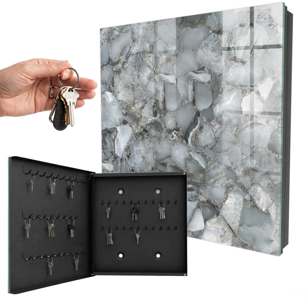 WallMuralia - Sleutelkast - 30x30x5 cm - met 50 haken - Mozaïek Van Steen Sleutelkastje Industrieel - Grijs Sleutelbox - Linksopenend - Zwart interieur