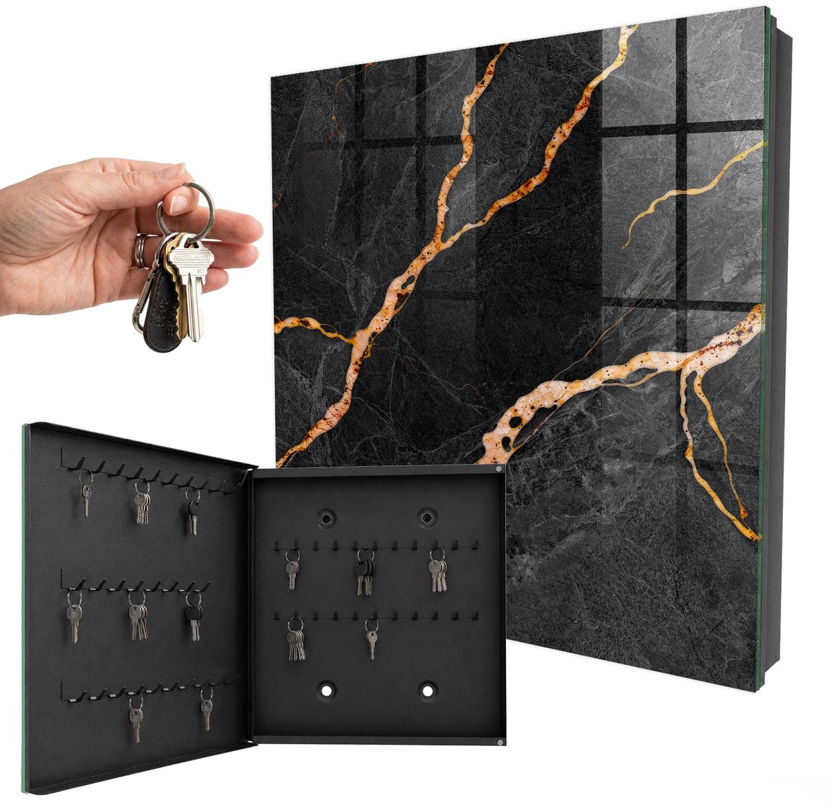 WallMuralia - Sleutelkast - 30x30x5 cm - met 50 haken - Zwarte En Oranje Steen Sleutelkastje Huis - Zwart Sleutelbox - Linksopenend - Zwart interieur