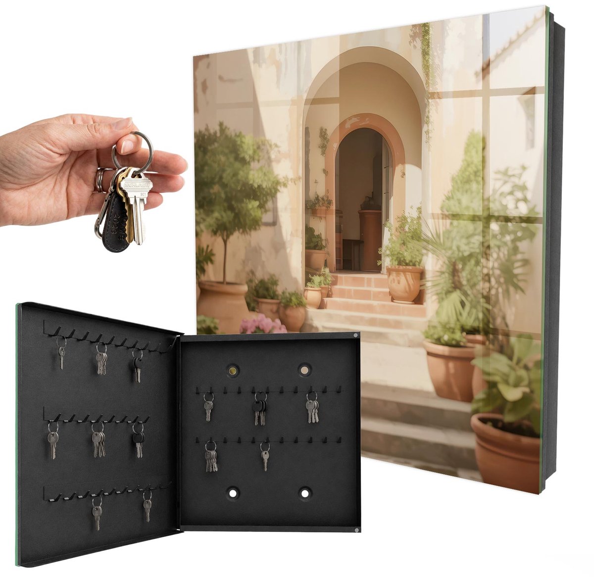 WallMuralia - Sleutelkast - 30x30x5 cm - met 50 haken - Rustieke Tuin Design Sleutelkastje - Romig Sleutelbox - Linksopenend - Zwart interieur