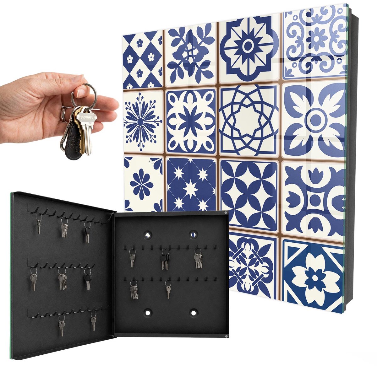 WallMuralia - Sleutelkast - 30x30x5 cm - met 50 haken - Retro Mozaïek Design Sleutelkastje - Blauw Sleutelbox - Linksopenend - Zwart interieur