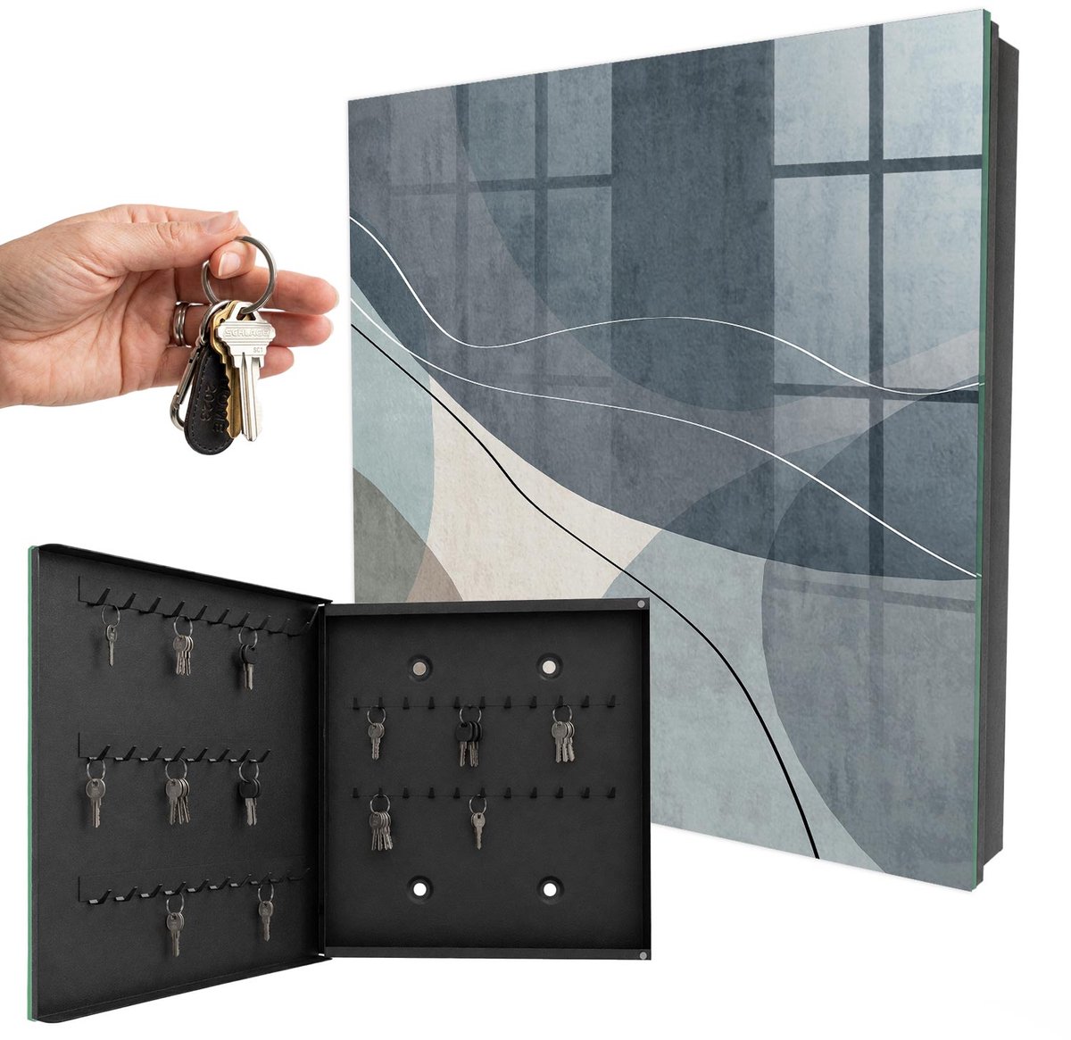 WallMuralia - Sleutelkast - 30x30x5 cm - met 50 haken - Blauwe Abstractie Design Sleutelkastje - Blauw Sleutelbox - Linksopenend - Zwart interieur