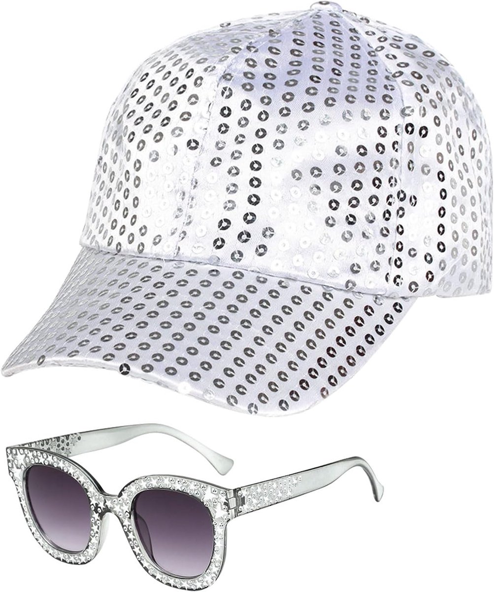 Disco-hoedenset uit de jaren 70 met pailletten, vierkante bling-zonnebril, paillettenhoed, jaren 70 discokostuum, zilveren discohoed uit de jaren 70, discoaccessoires, voor feest, verjaardag,