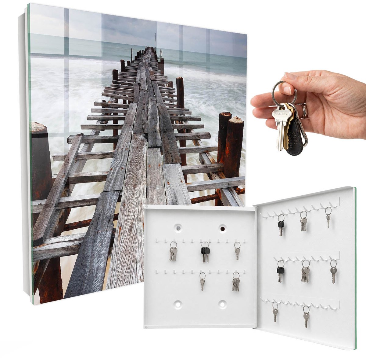 WallMuralia - Sleutelkast - 30x30x5 cm - met 50 haken - Eindeloze Haven Sleutelkastje Binnen - Grijs Sleutelbox - Rechtsopenend - Wit interieur