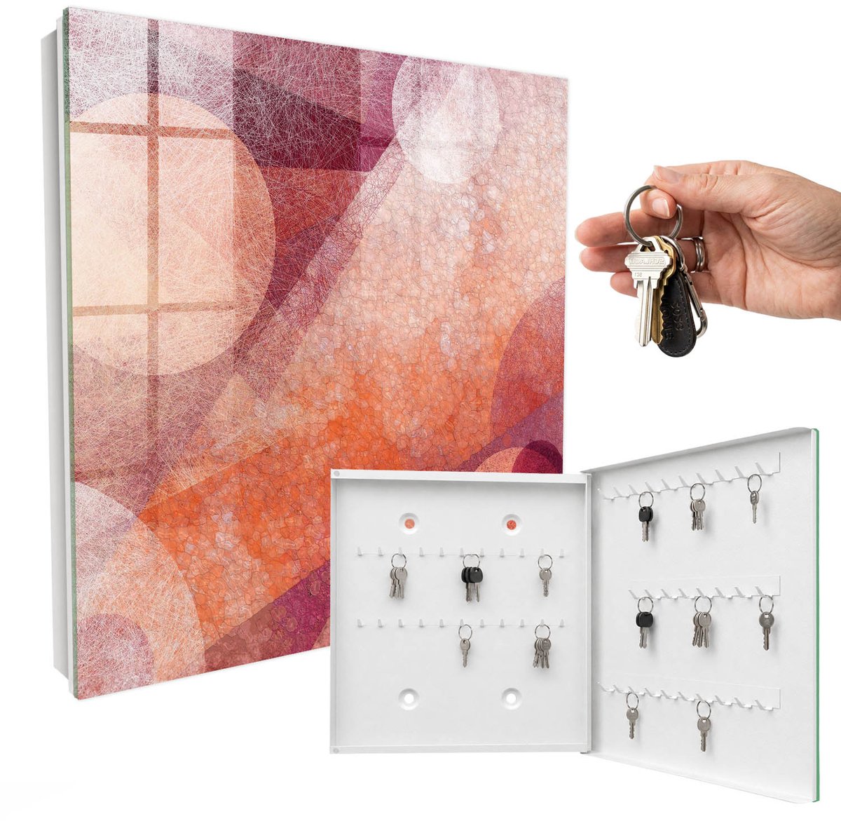 WallMuralia - Sleutelkast - 30x30x5 cm - met 50 haken - De Energie Van Abstractie Sleutelkastje Modern - Roze Sleutelbox - Rechtsopenend - Wit interieur