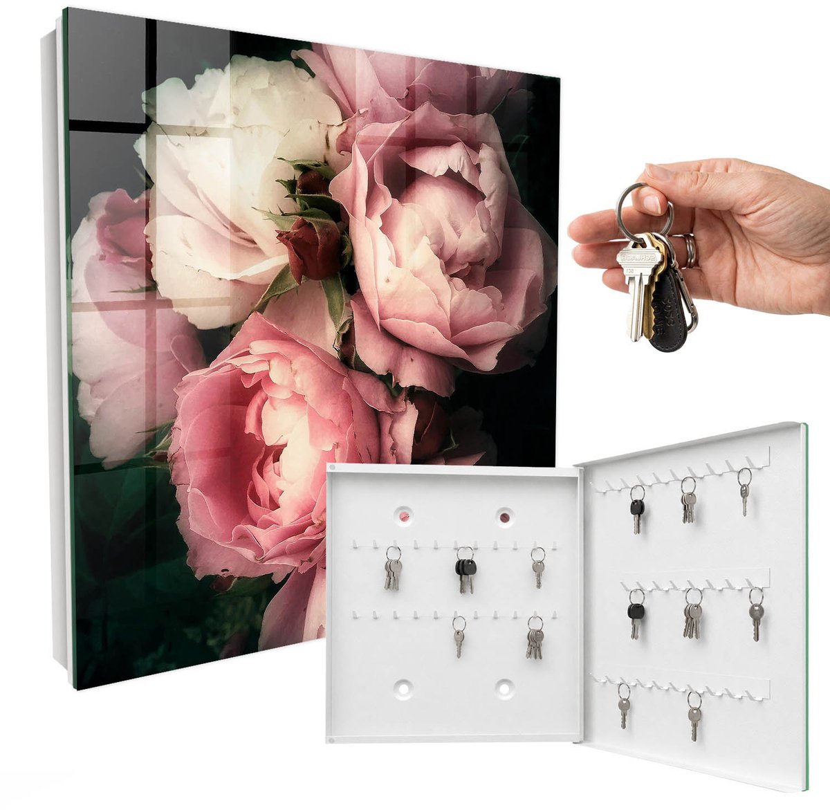 WallMuralia - Sleutelkast - 30x30x5 cm - met 50 haken - Bloemenpracht Sleutelkastje Landelijk - Roze Sleutelbox - Rechtsopenend - Wit interieur