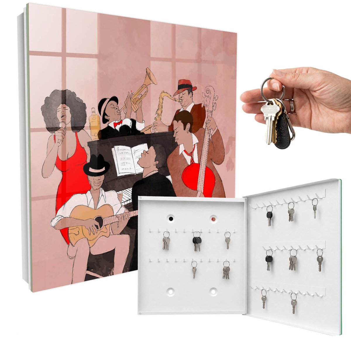 WallMuralia - Sleutelkast - 30x30x5 cm - met 50 haken - Jazzscene Sleutelkastje Gang - Rood Sleutelbox - Rechtsopenend - Wit interieur