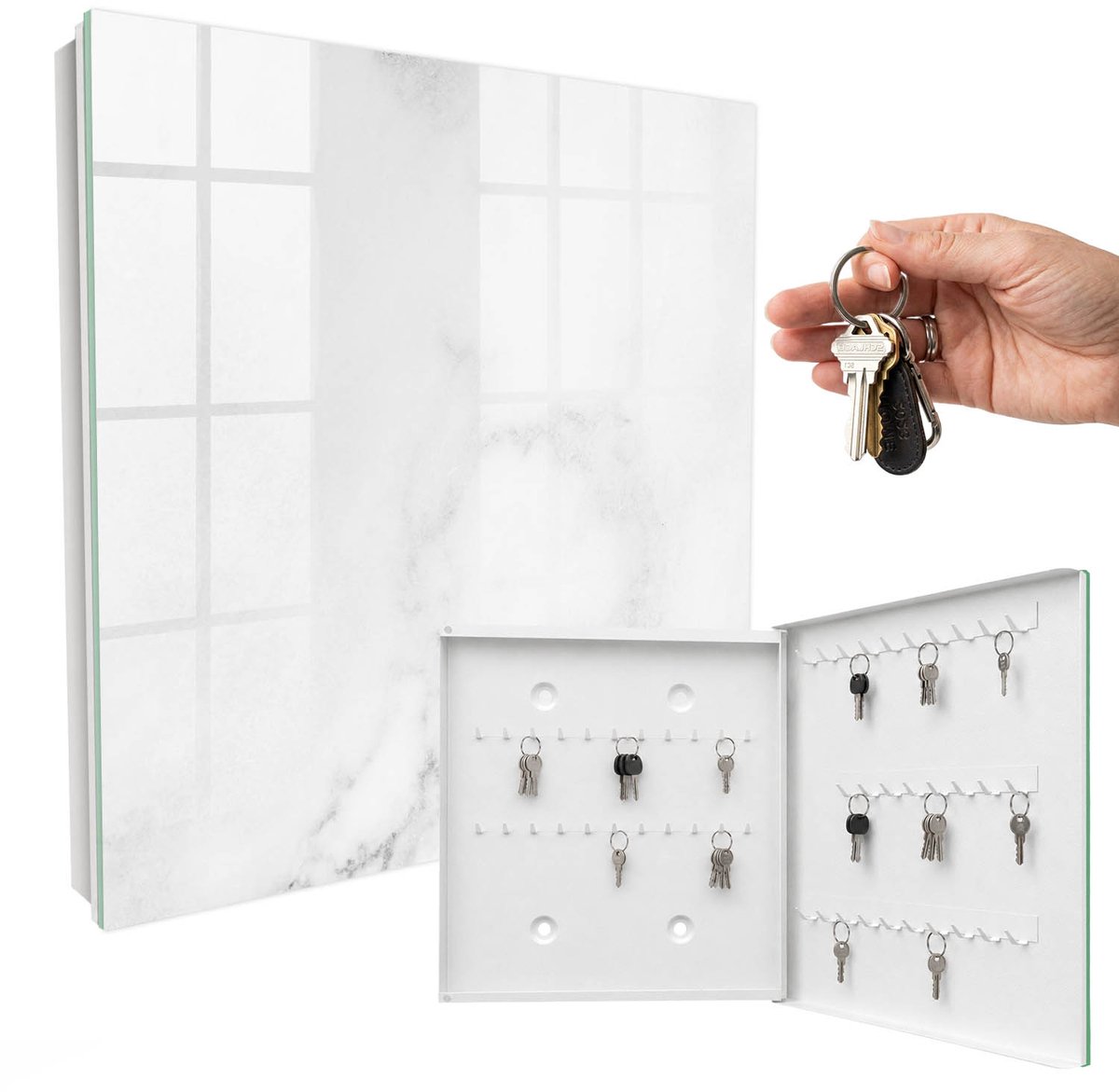 WallMuralia - Sleutelkast - 30x30x5 cm - met 50 haken - Marmeren Elegantie Sleutelkastje Industrieel - Wit Sleutelbox - Rechtsopenend - Wit interieur