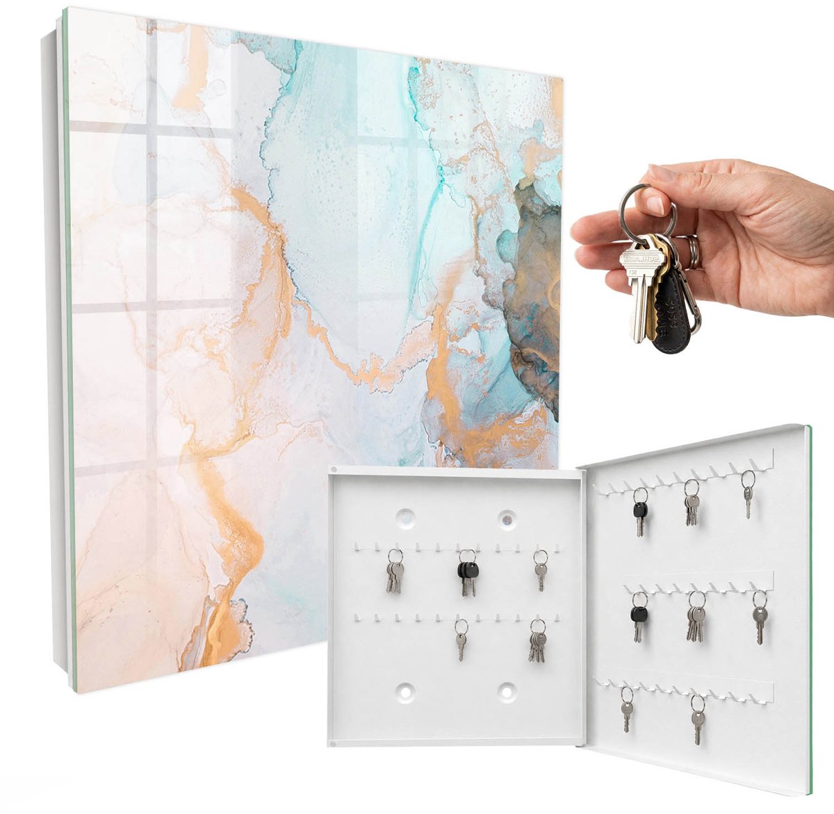 WallMuralia - Sleutelkast - 30x30x5 cm - met 50 haken - Kleurrijk Marmer Sleutelkastje Muur - Blauw Sleutelbox - Rechtsopenend - Wit interieur