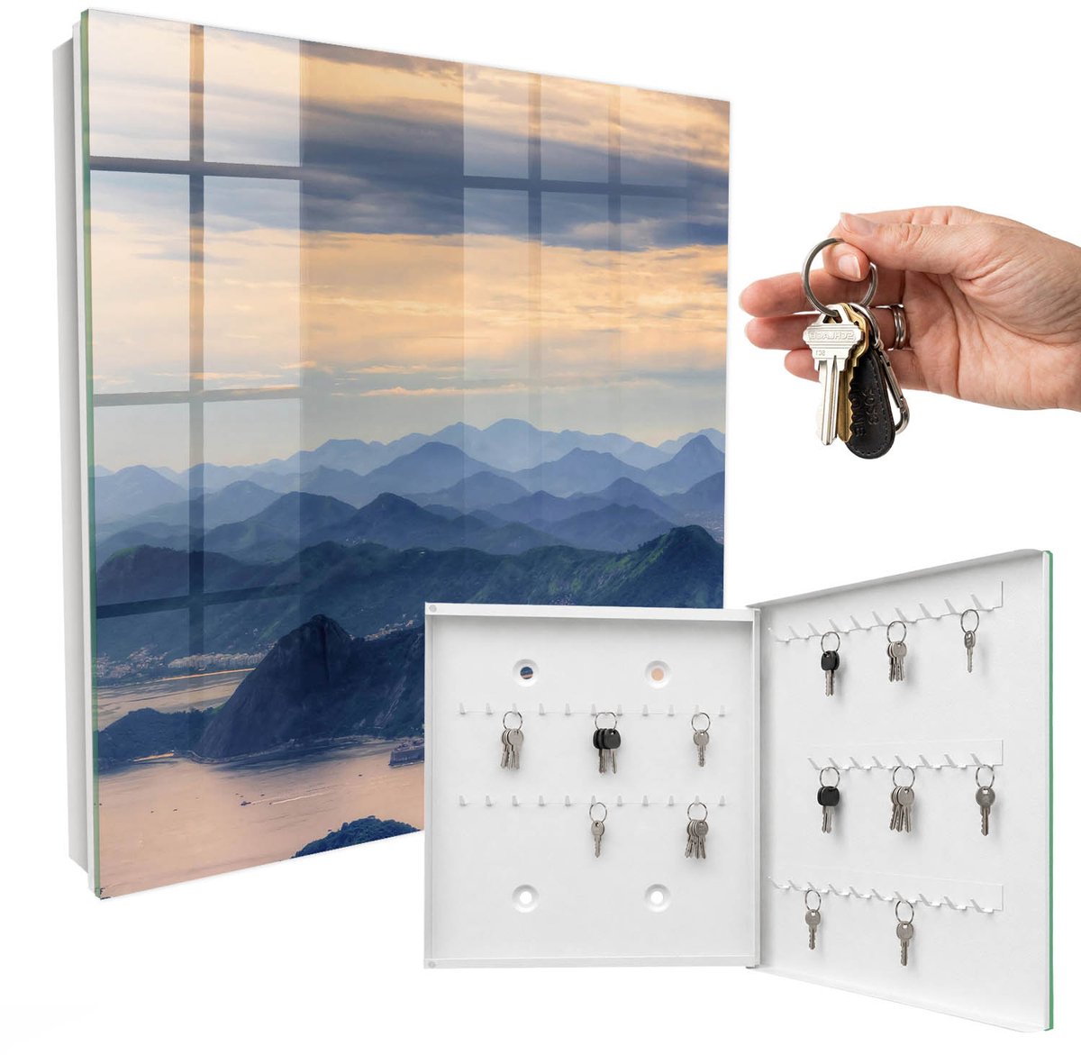 WallMuralia - Sleutelkast - 30x30x5 cm - met 50 haken - Berglandschap Design Sleutelkastje - Blauw Sleutelbox - Rechtsopenend - Wit interieur