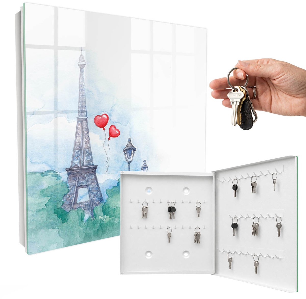 WallMuralia - Sleutelkast - 30x30x5 cm - met 50 haken - Parijse Landschappen Sleutelkastje Hal - Blauw Sleutelbox - Rechtsopenend - Wit interieur