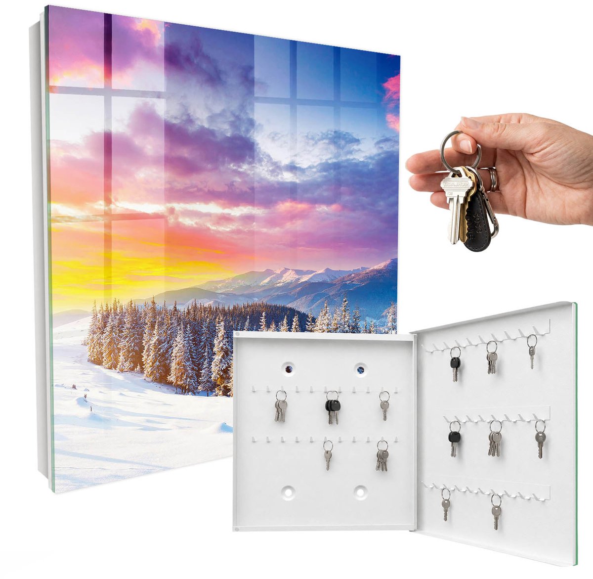 WallMuralia - Sleutelkast - 30x30x5 cm - met 50 haken - Winterse Zonsondergang Sleutelkastje Hal - Paars Sleutelbox - Rechtsopenend - Wit interieur