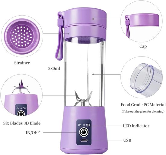 Smoothie Maker, elektrische USB-sapcentrifuge, draagbare mini-mixer voor shakes en smoothies, sap, 380 ml, zes mesjes ideaal voor het mengen (licht paars) — afbeelding 2