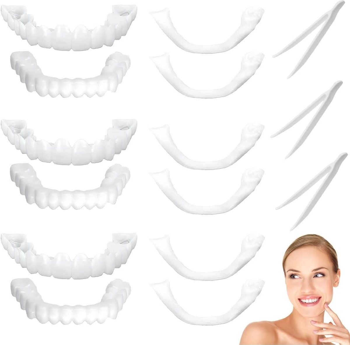 3 sets clip-on kunstgebitten facings tanden clip-on kunstgebitten tijdelijke tanden siliconen kunstgebitten, herbruikbaar, inclusief handleiding en clip