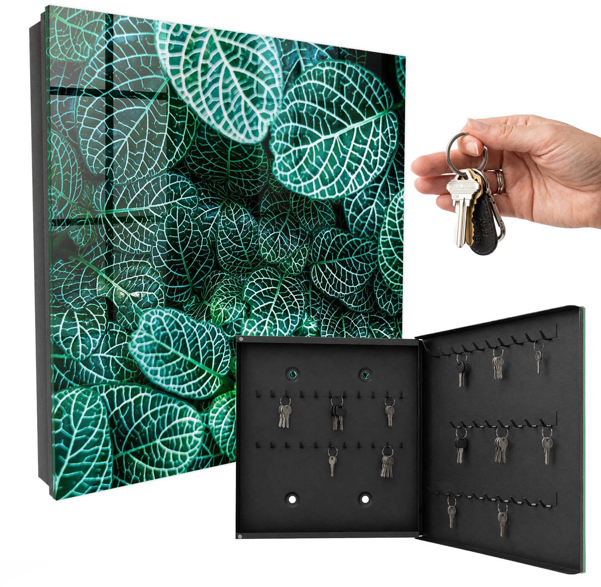 WallMuralia - Sleutelkast - 30x30x5 cm - met 50 haken - Groene Patronen Sleutelkastje Klein - Groente Sleutelbox - Rechtsopenend - Zwart interieur