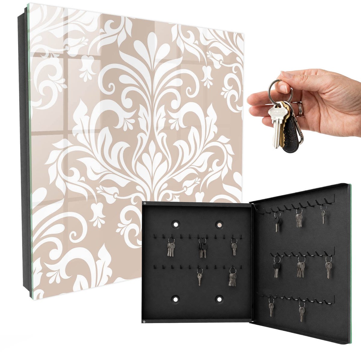 WallMuralia - Sleutelkast - 30x30x5 cm - met 50 haken - Elegante Symmetrie Sleutelkastje Muur - Beige Sleutelbox - Rechtsopenend - Zwart interieur