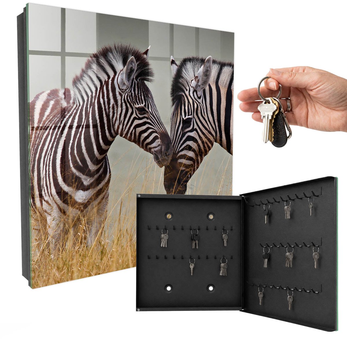 WallMuralia - Sleutelkast - 30x30x5 cm - met 50 haken - Zebra'S Samen Sleutelkastje Gang - Zwart-Wit Sleutelbox - Rechtsopenend - Zwart interieur