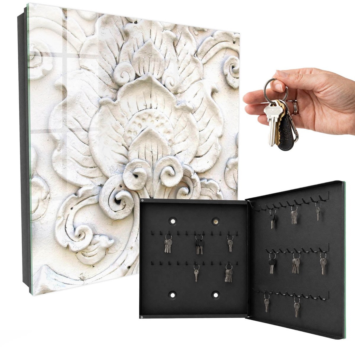WallMuralia - Sleutelkast - 30x30x5 cm - met 50 haken - Bloemornamenten Sleutelkastje Binnen - Wit Sleutelbox - Rechtsopenend - Zwart interieur