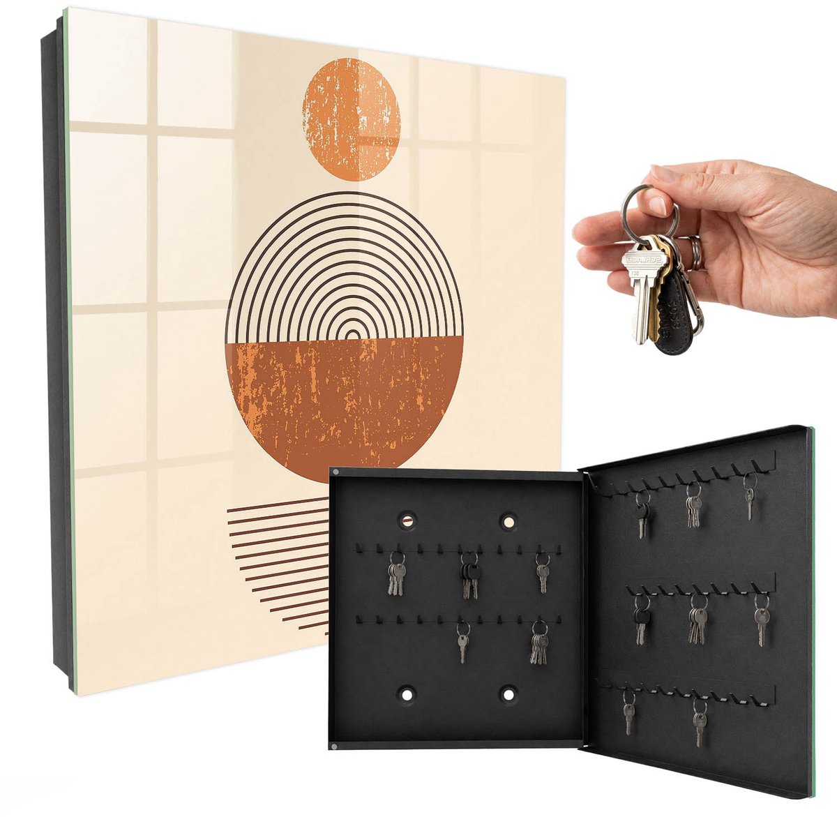 WallMuralia - Sleutelkast - 30x30x5 cm - met 50 haken - Retro Geometrie Sleutelkastje Gang - Oranje Sleutelbox - Rechtsopenend - Zwart interieur