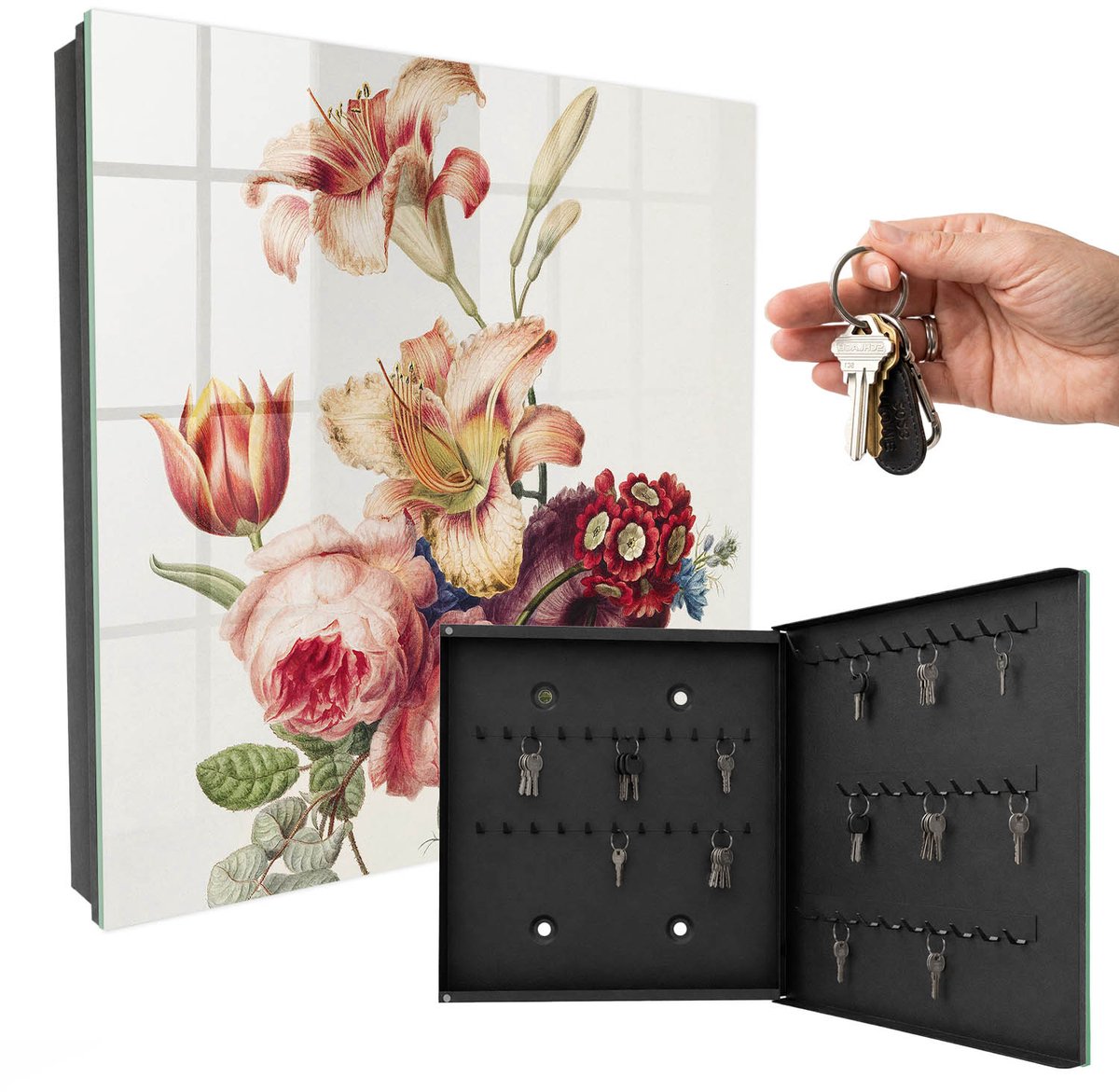 WallMuralia - Sleutelkast - 30x30x5 cm - met 50 haken - Kleurrijke Bloemen Sleutelkastje - Roze Sleutelbox - Rechtsopenend - Zwart interieur