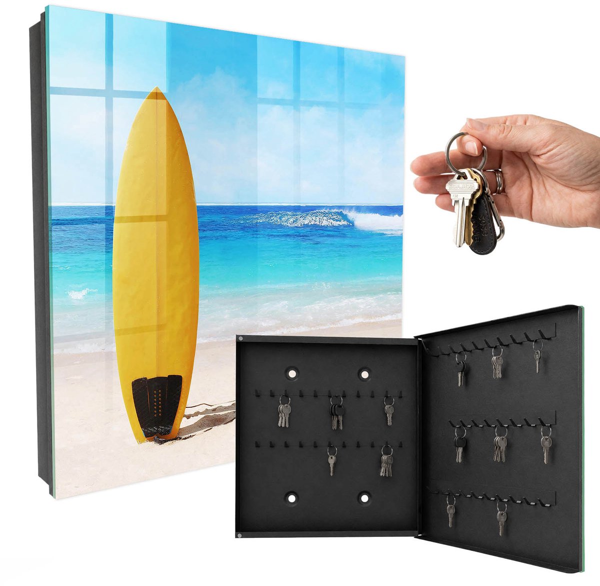 WallMuralia - Sleutelkast - 30x30x5 cm - met 50 haken - Surfparadijs Design Sleutelkastje - Geel Sleutelbox - Rechtsopenend - Zwart interieur