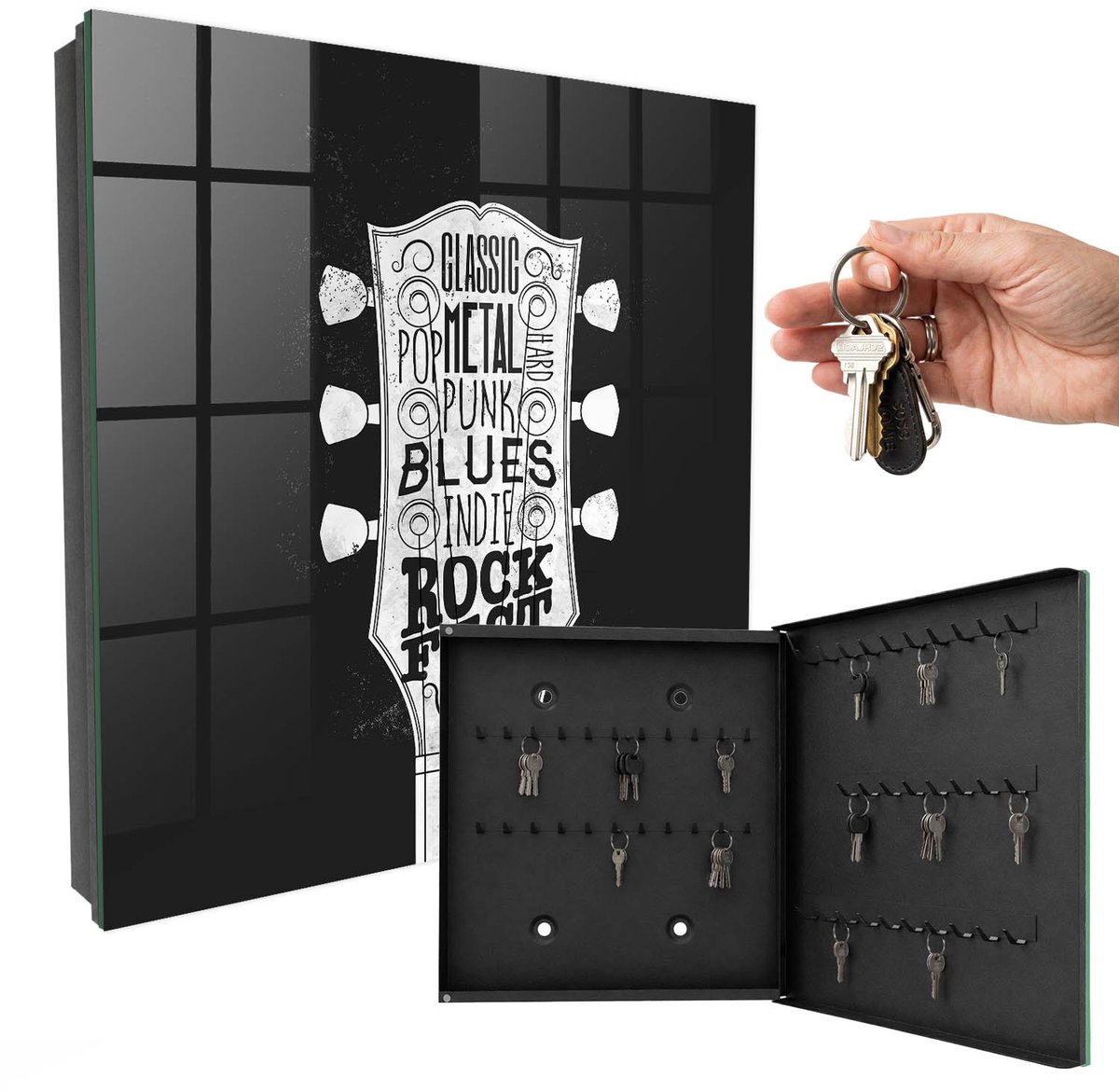 WallMuralia - Sleutelkast - 30x30x5 cm - met 50 haken - Rockfestival Sleutelkastje Landelijk - Zwart Sleutelbox - Rechtsopenend - Zwart interieur