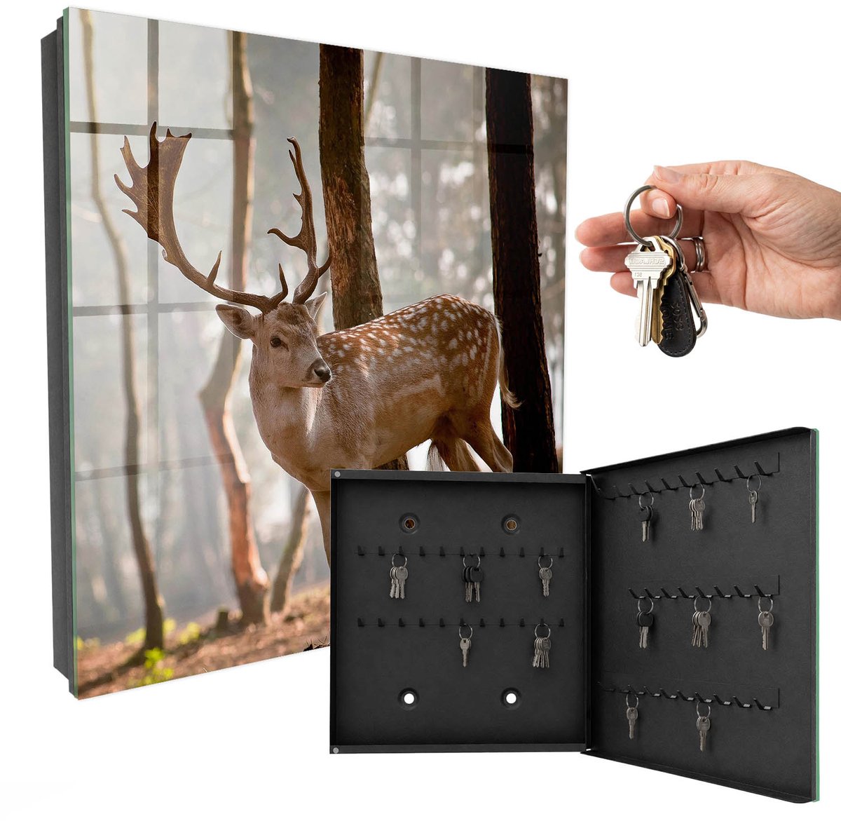 WallMuralia - Sleutelkast - 30x30x5 cm - met 50 haken - Herten In Het Bos Sleutelkastje Binnen - Bruin Sleutelbox - Rechtsopenend - Zwart interieur
