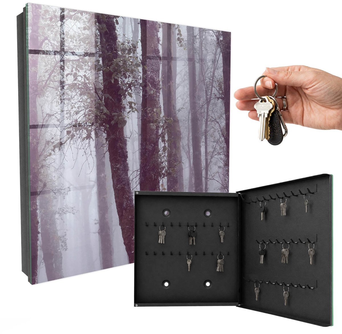 WallMuralia - Sleutelkast - 30x30x5 cm - met 50 haken - Mistbos Sleutelkastje - Grijs Sleutelbox - Rechtsopenend - Zwart interieur