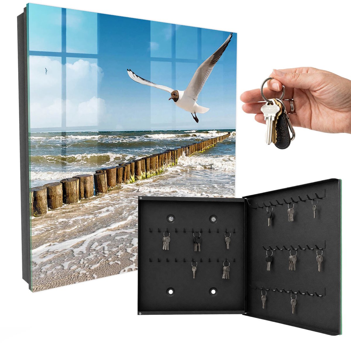 WallMuralia - Sleutelkast - 30x30x5 cm - met 50 haken - Zeegebied Sleutelkastje Industrieel - Blauw Sleutelbox - Rechtsopenend - Zwart interieur