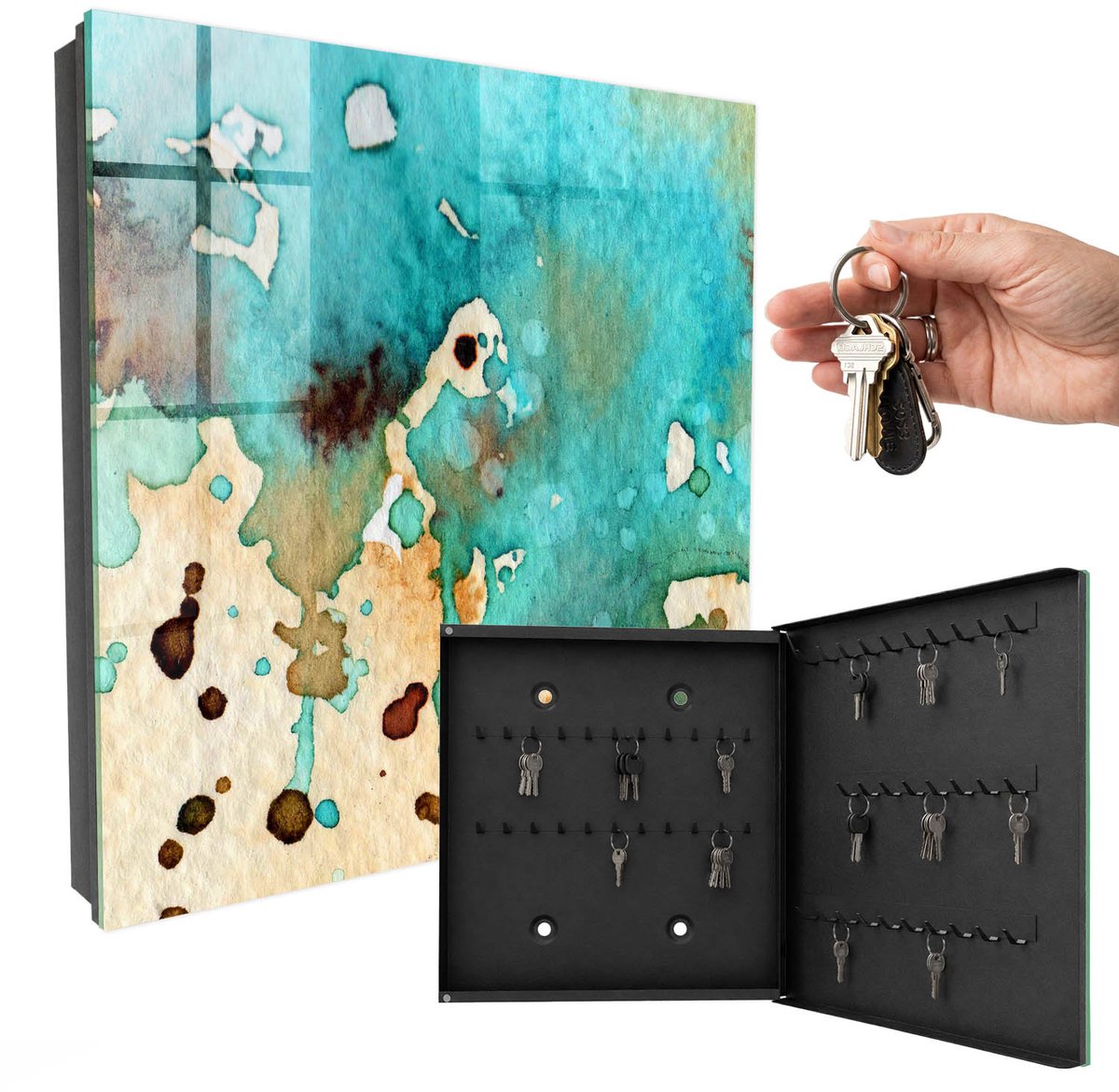 WallMuralia - Sleutelkast - 30x30x5 cm - met 50 haken - Turquoise Abstractie Sleutelkastje Gang - Turkoois Sleutelbox - Rechtsopenend - Zwart interieur