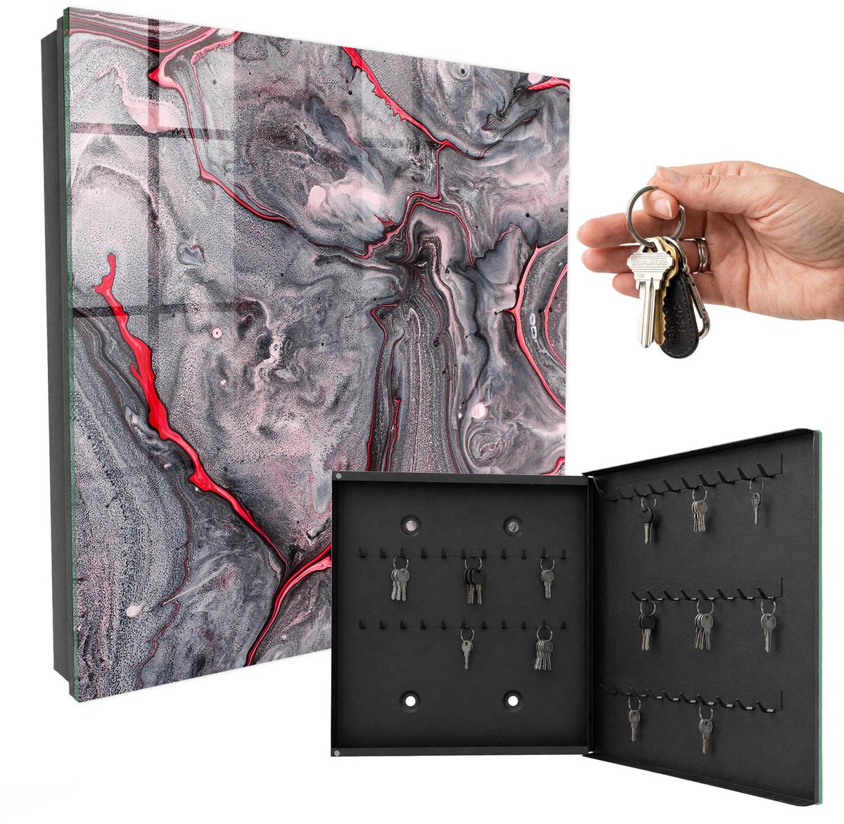 WallMuralia - Sleutelkast - 30x30x5 cm - met 50 haken - Expressieve Abstractie Sleutelkastje Landelijk - Grijs Sleutelbox - Rechtsopenend - Zwart interieur