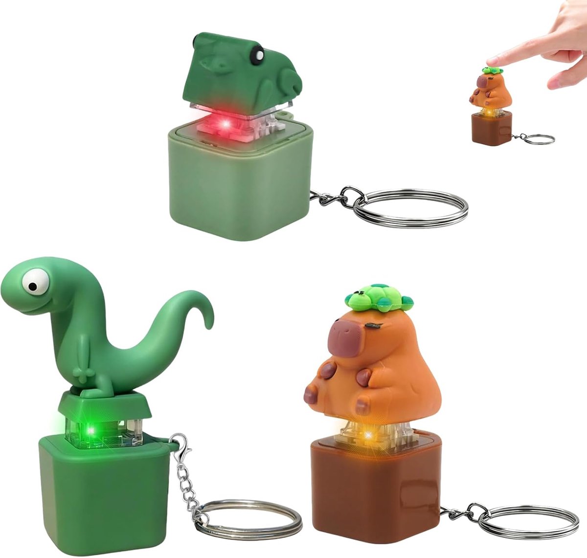 3 stuks sleutelhangers tegen stress, kikker Lézard Capybara, anti-stress-speelgoed, met licht en geluid, schattig dier, duurzaam, robuust, verlicht angst, spanning, verbetert de concentratie