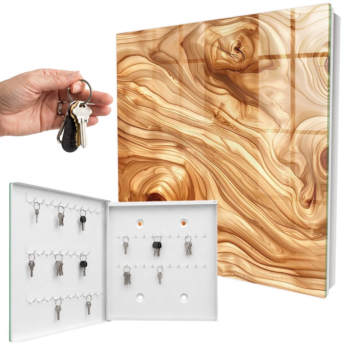 WallMuralia - Sleutelkast - 30x30x5 cm - met 50 haken - Houten Golven Sleutelkastje Landelijk - Bruin Sleutelbox - Linksopenend - Wit interieur