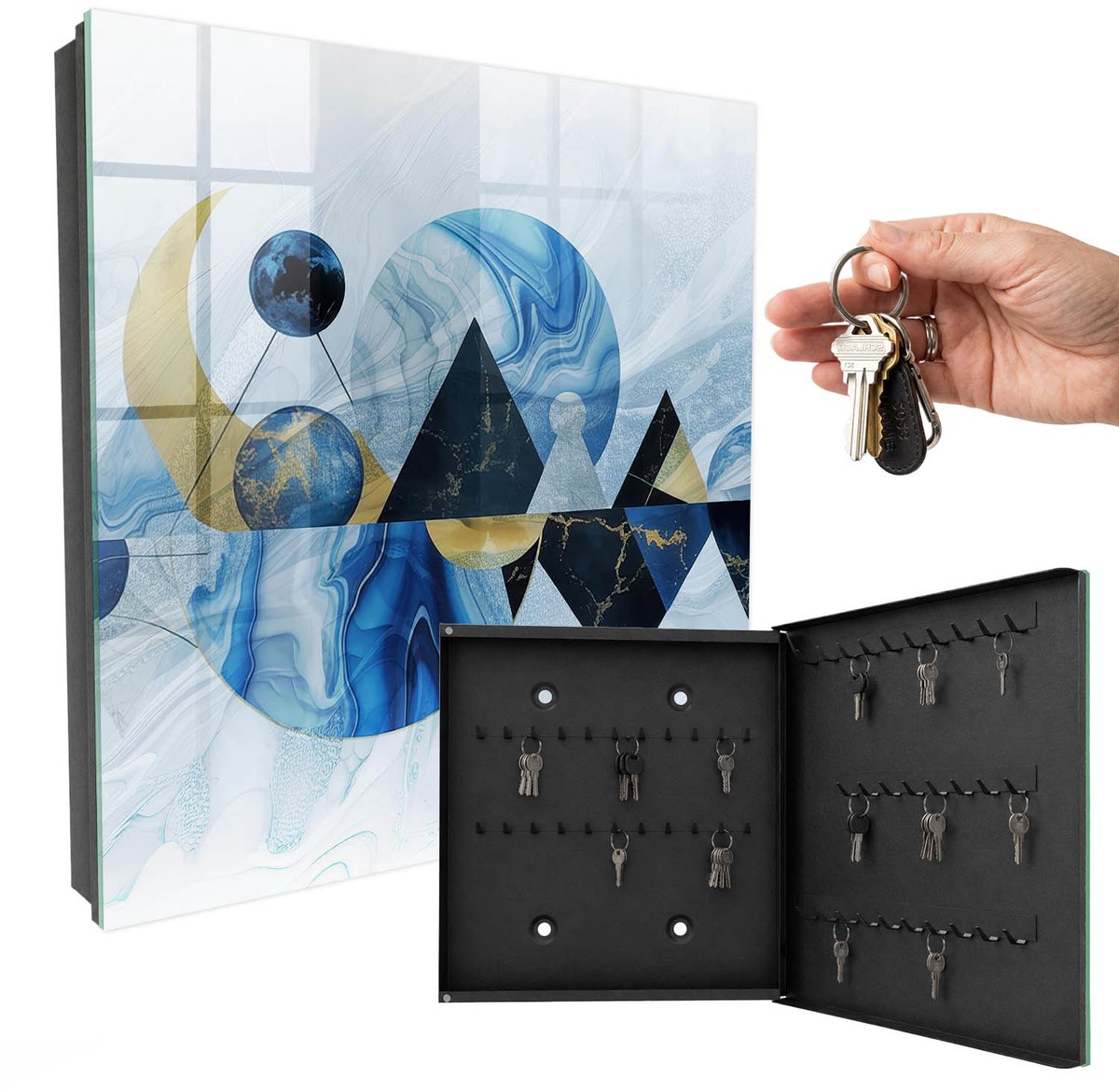 WallMuralia - Sleutelkast - 30x30x5 cm - met 50 haken - Kosmische Abstractie Sleutelkastje - Blauw Sleutelbox - Rechtsopenend - Zwart interieur