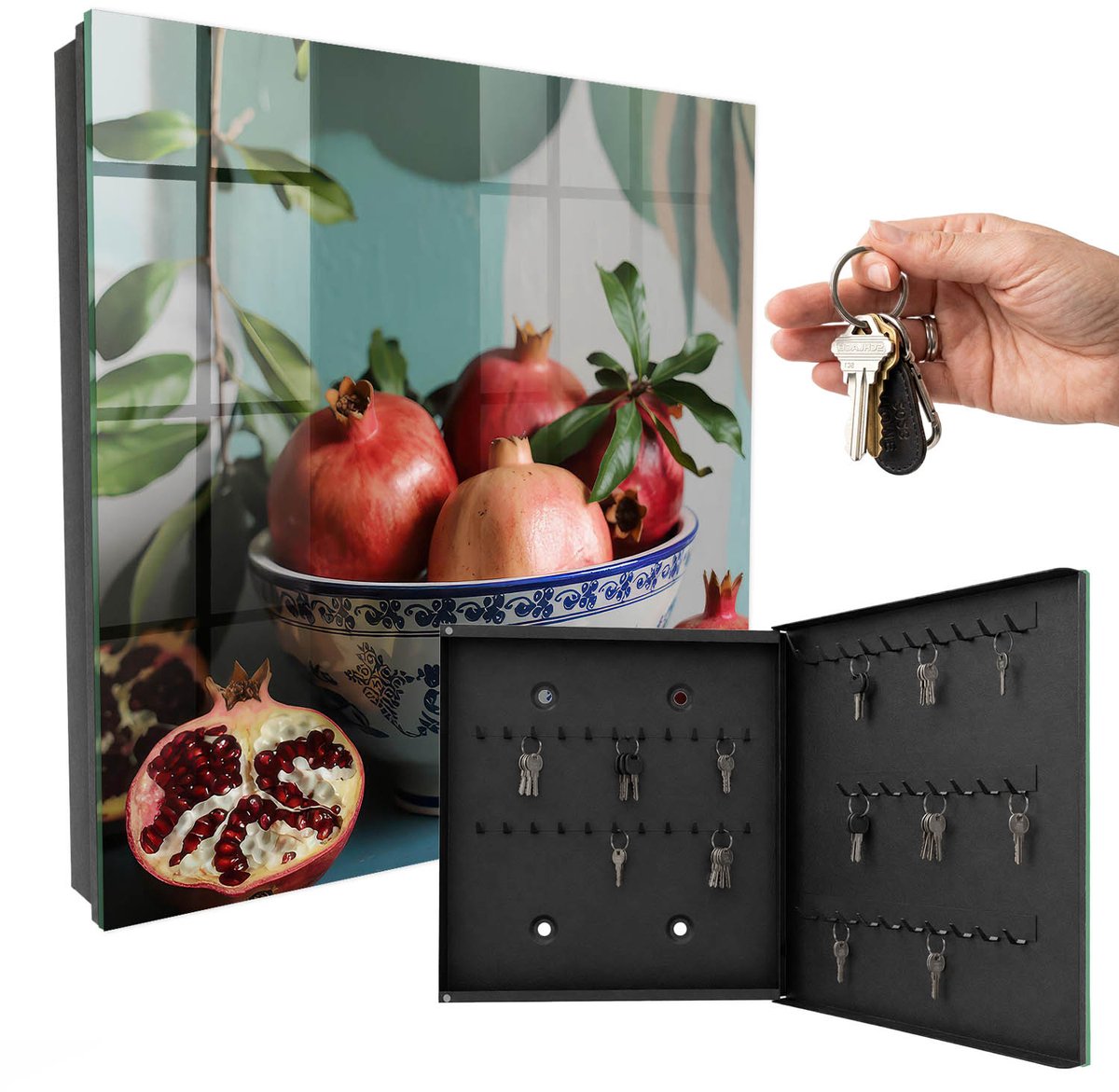 WallMuralia - Sleutelkast - 30x30x5 cm - met 50 haken - Granaatappelvrucht Sleutelkastje Klein - Rood Sleutelbox - Rechtsopenend - Zwart interieur