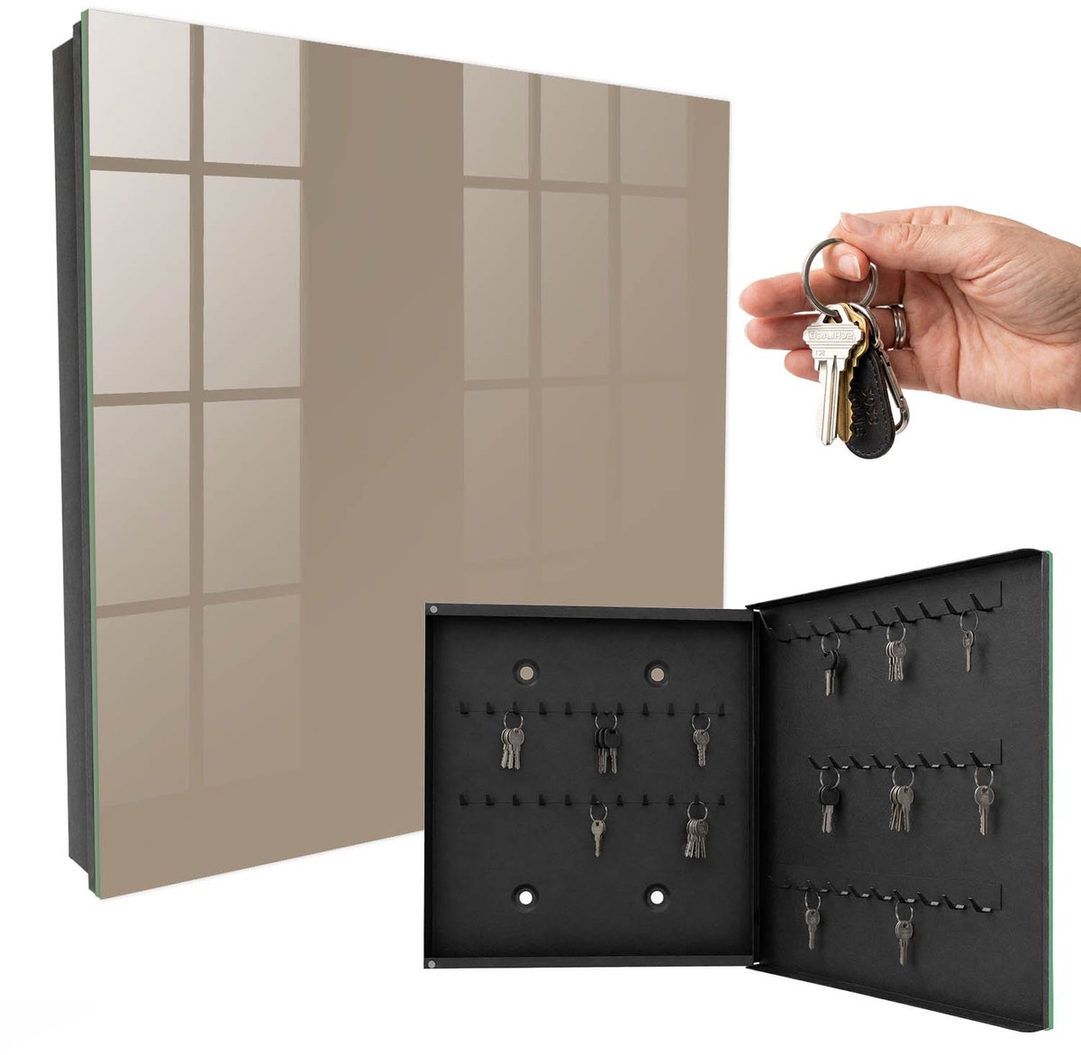 WallMuralia - Sleutelkast - 30x30x5 cm - met 50 haken - Lichtbruin Sleutelkastje Muur - Bruin Sleutelbox - Rechtsopenend - Zwart interieur