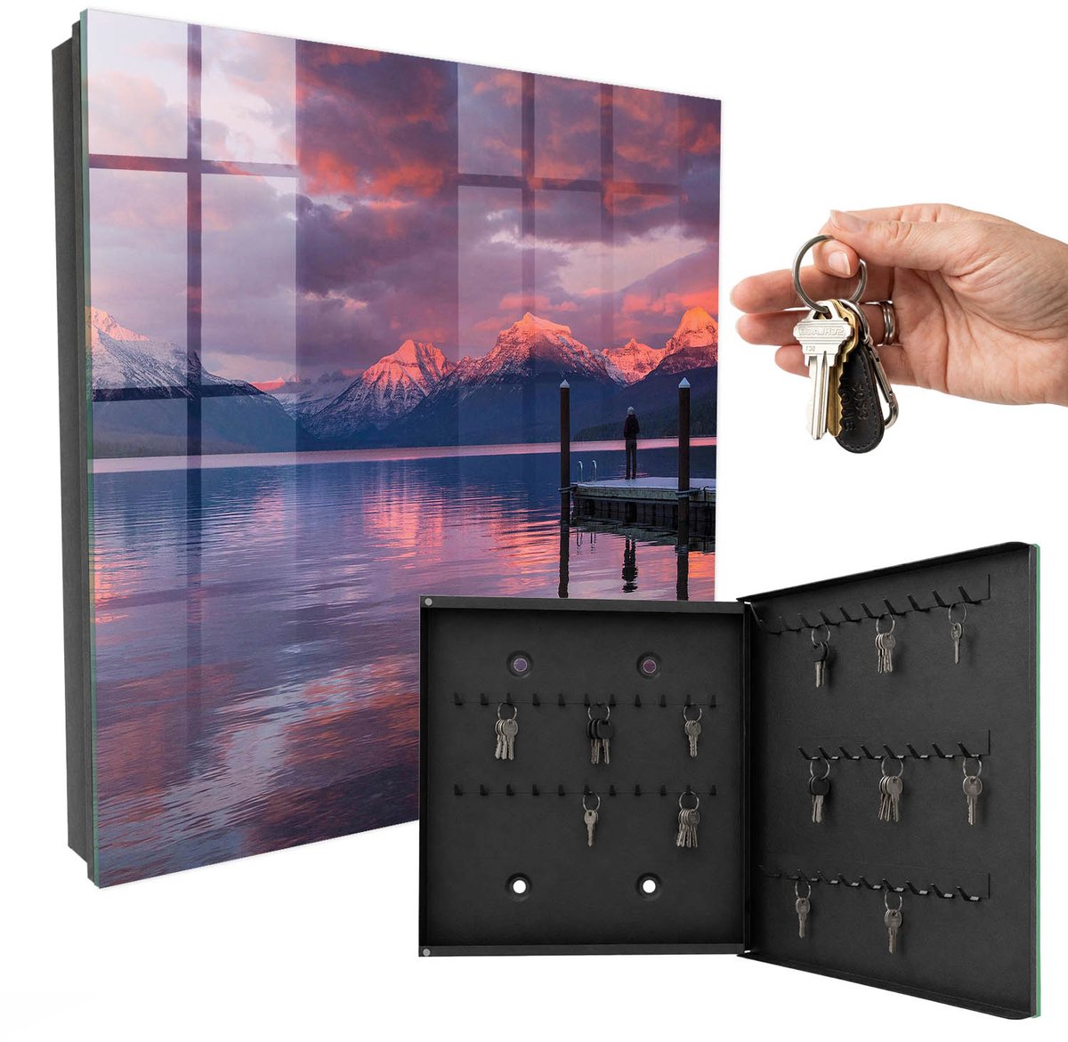 WallMuralia - Sleutelkast - 30x30x5 cm - met 50 haken - Bergmeer Sleutelkastje Modern - Roze Sleutelbox - Rechtsopenend - Zwart interieur