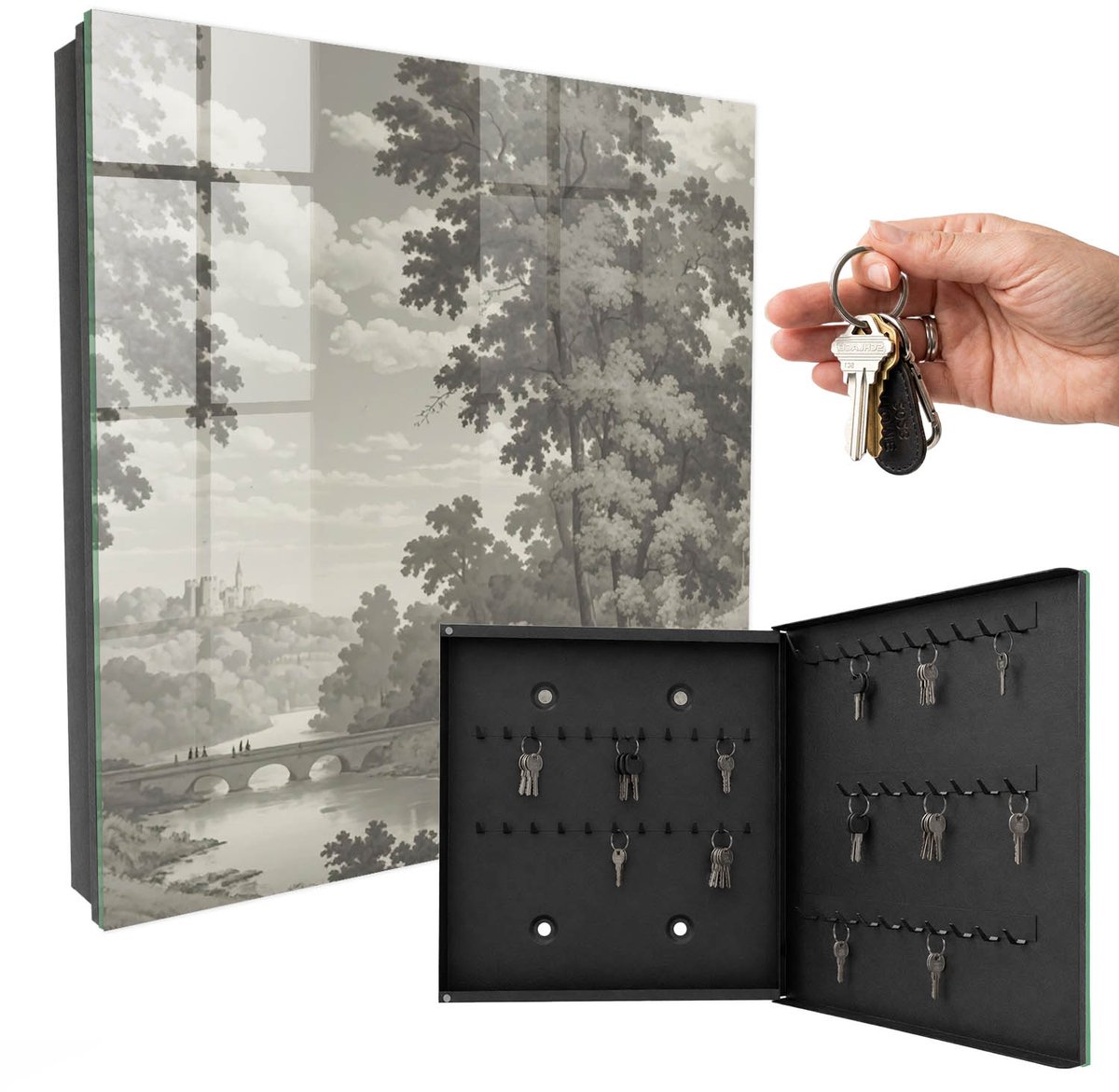 WallMuralia - Sleutelkast - 30x30x5 cm - met 50 haken - Een Vredig Landschap Sleutelkastje Modern - Grijs Sleutelbox - Rechtsopenend - Zwart interieur