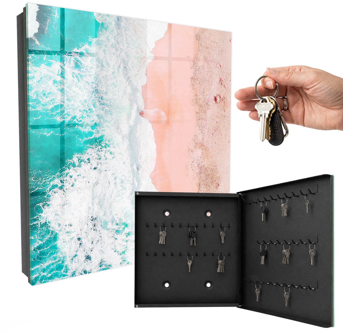 WallMuralia - Sleutelkast - 30x30x5 cm - met 50 haken - Oceaan En Strand Design Sleutelkastje - Turkoois Sleutelbox - Rechtsopenend - Zwart interieur