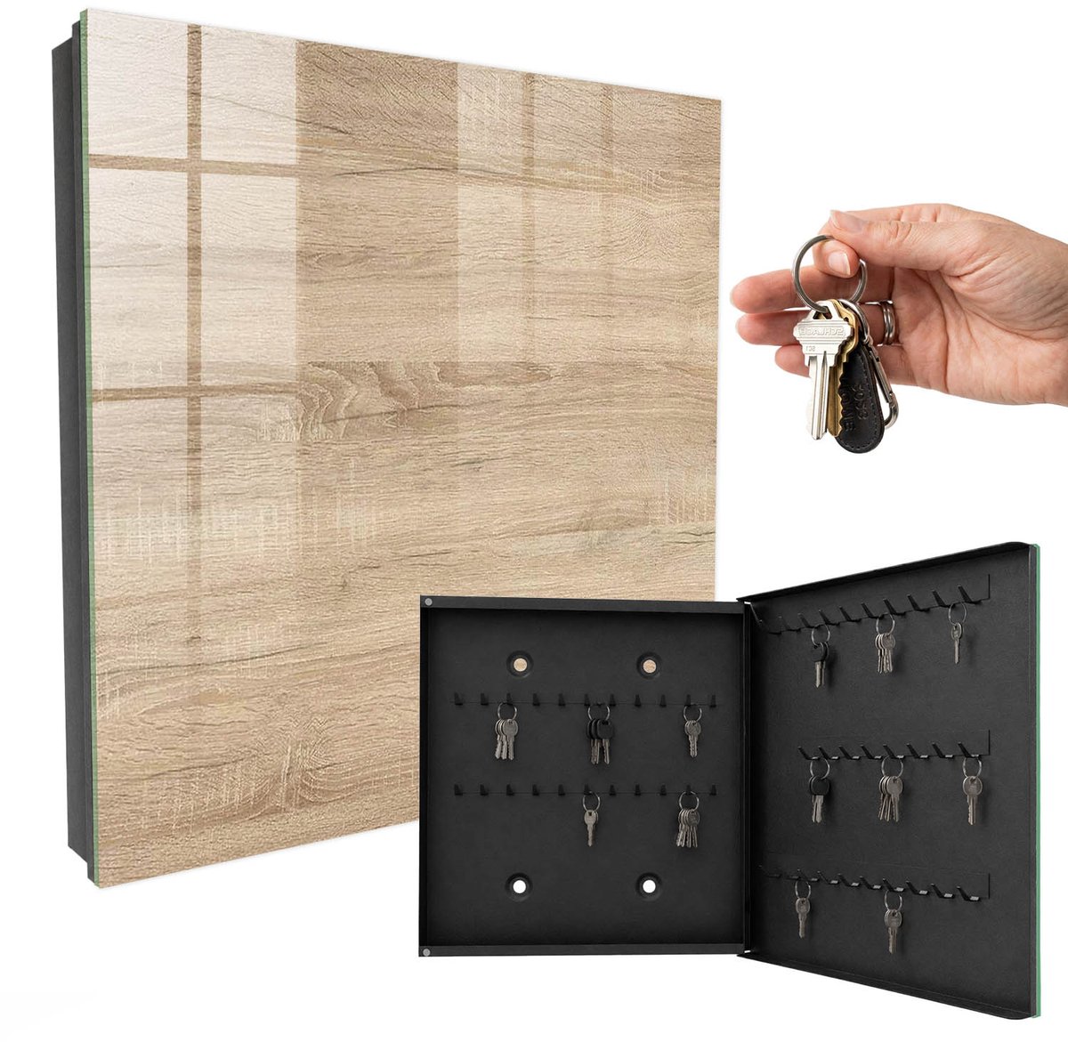 WallMuralia - Sleutelkast - 30x30x5 cm - met 50 haken - Houtstructuur Sleutelkastje Gang - Beige Sleutelbox - Rechtsopenend - Zwart interieur