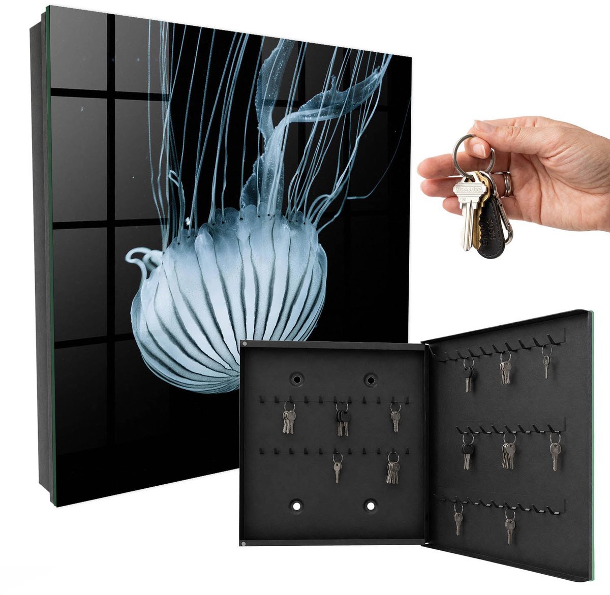 WallMuralia - Sleutelkast - 30x30x5 cm - met 50 haken - Vrede Op Zee Sleutelkastje Design - Zwart Sleutelbox - Rechtsopenend - Zwart interieur