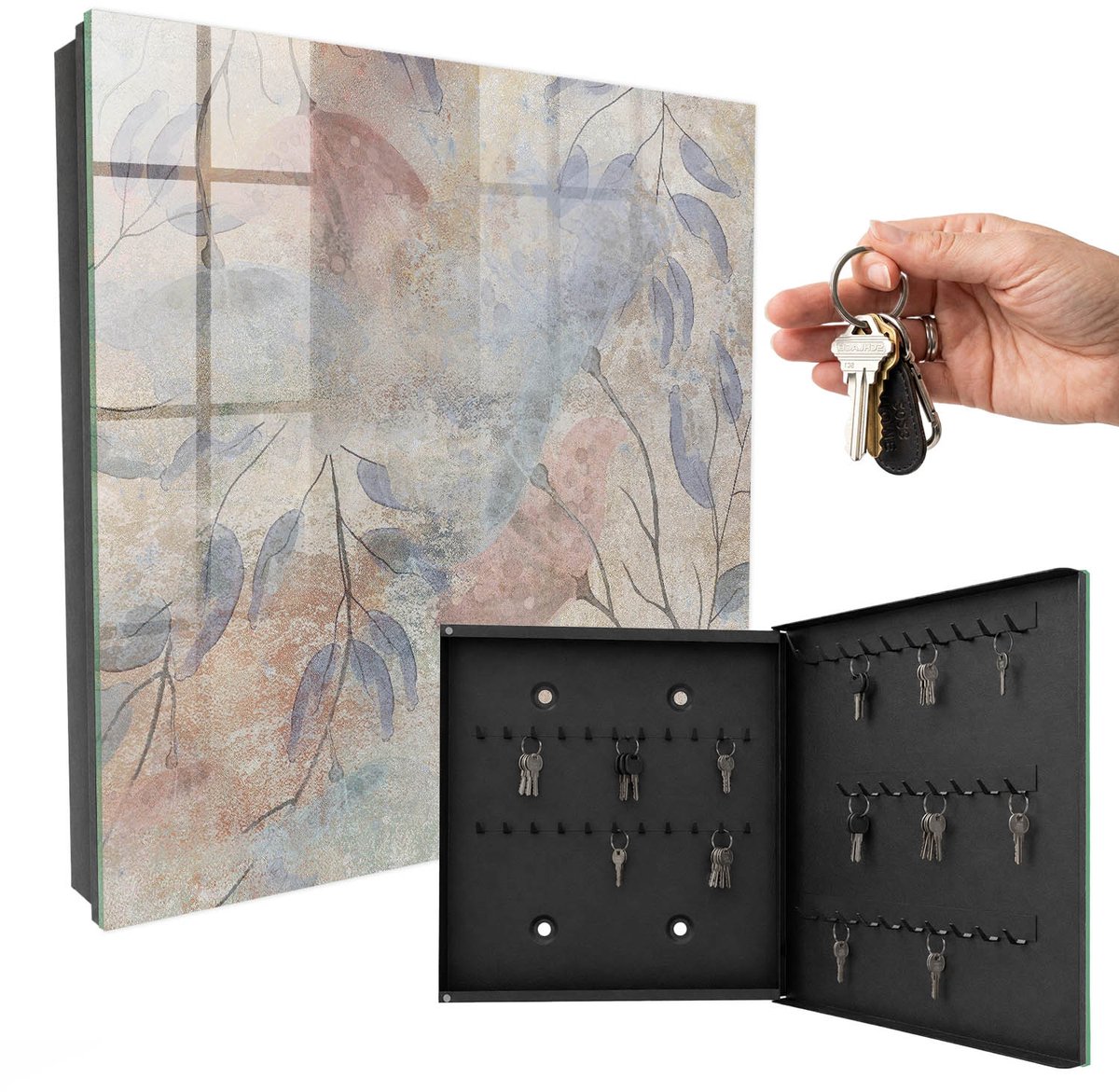 WallMuralia - Sleutelkast - 30x30x5 cm - met 50 haken - Tere Bladeren Sleutelkastje Voor Binnen - Beige Sleutelbox - Rechtsopenend - Zwart interieur