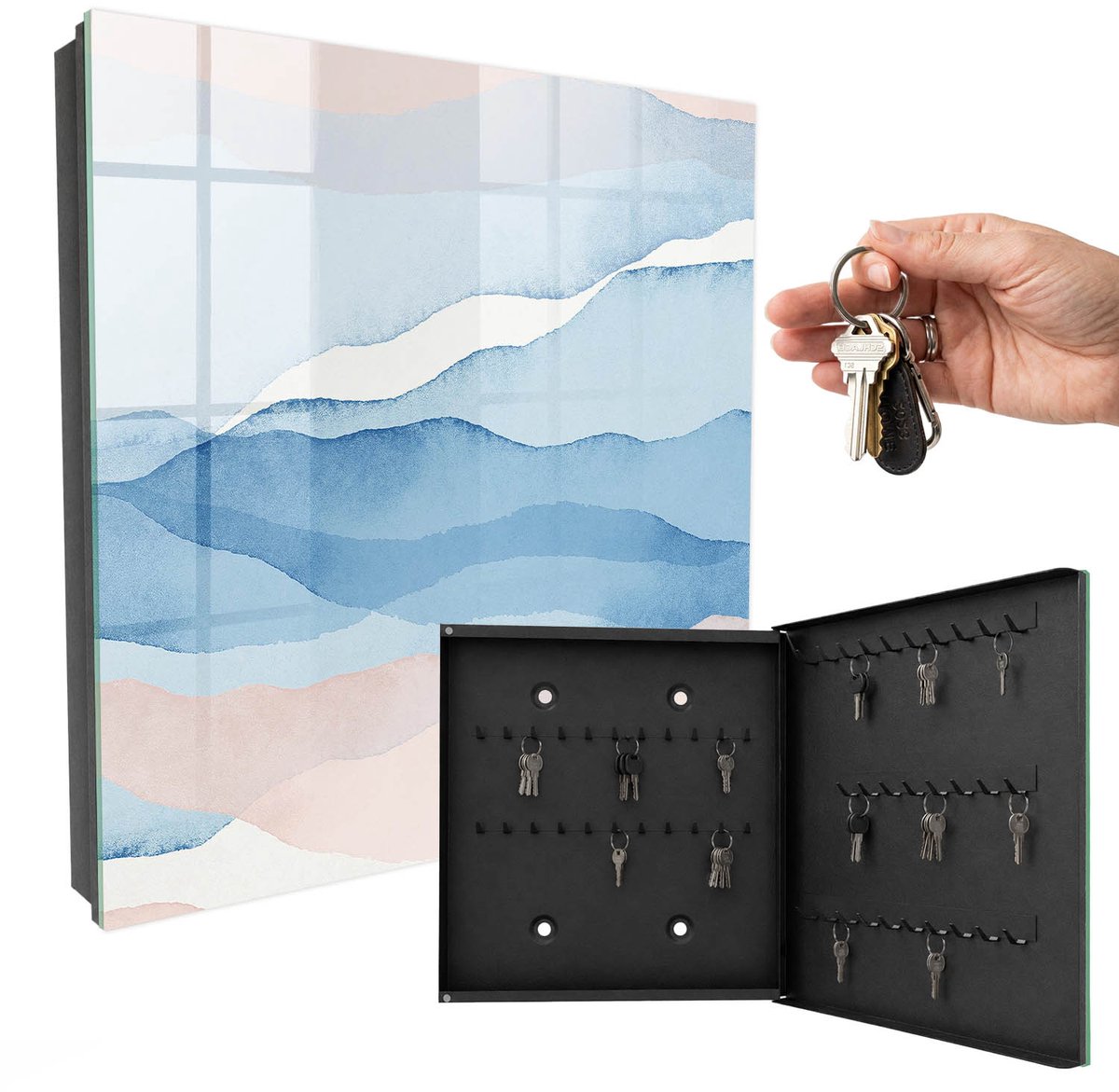 WallMuralia - Sleutelkast - 30x30x5 cm - met 50 haken - Rustgevende Golven Sleutelkastje Muur - Blauw Sleutelbox - Rechtsopenend - Zwart interieur