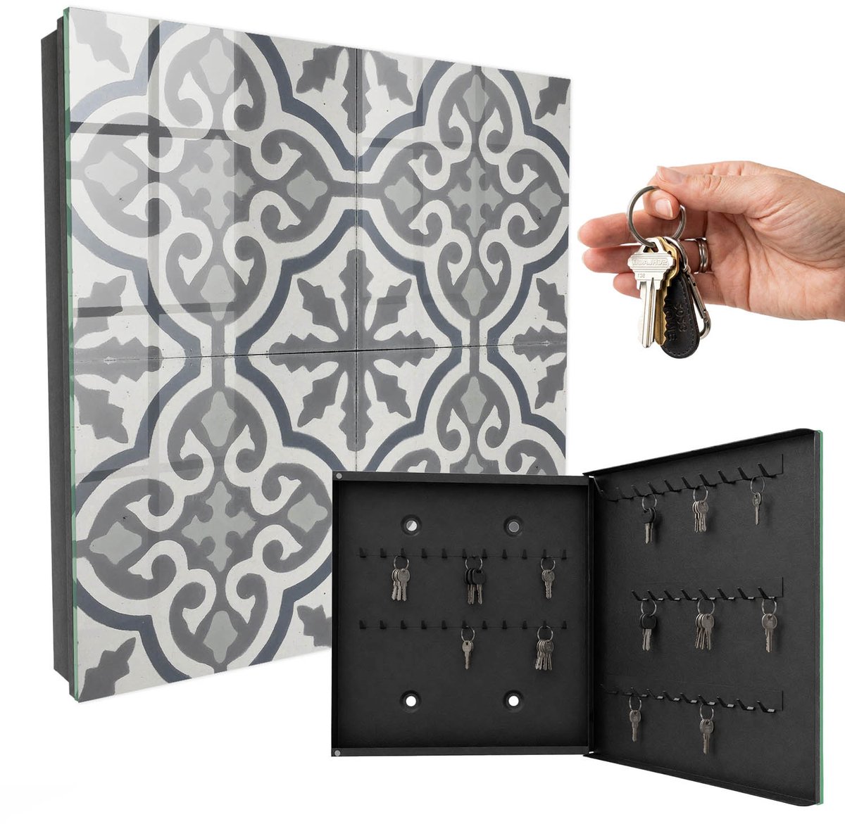 WallMuralia - Sleutelkast - 30x30x5 cm - met 50 haken - Geometrisch Patroon Groot Sleutelkastje - Grijs Sleutelbox - Rechtsopenend - Zwart interieur