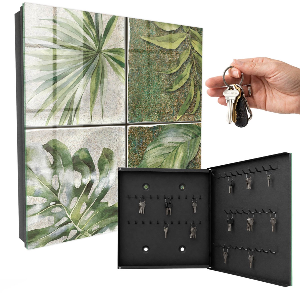 WallMuralia - Sleutelkast - 30x30x5 cm - met 50 haken - Plantentegels Sleutelkastje Hal - Groente Sleutelbox - Rechtsopenend - Zwart interieur