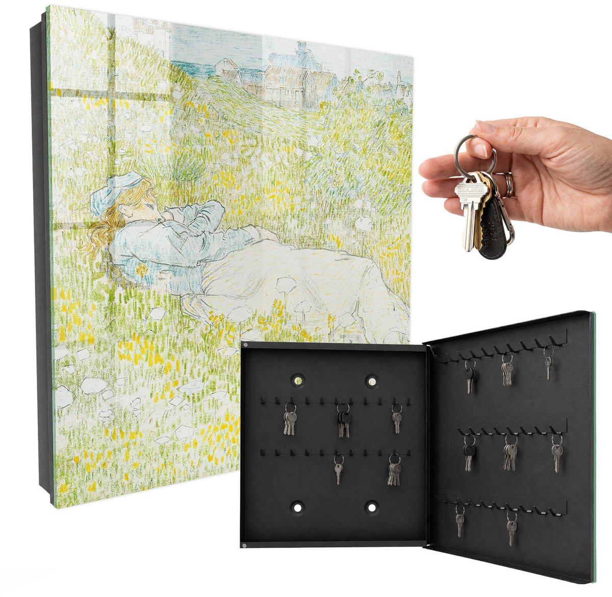 WallMuralia - Sleutelkast - 30x30x5 cm - met 50 haken - Idyllische Rust Sleutelkastje Design - Groente Sleutelbox - Rechtsopenend - Zwart interieur