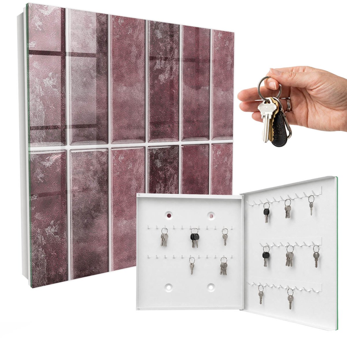 WallMuralia - Sleutelkast - 30x30x5 cm - met 50 haken - Bordeauxrode Tegels Sleutelkastje Industrieel - Bordeaux Sleutelbox - Rechtsopenend - Wit interieur