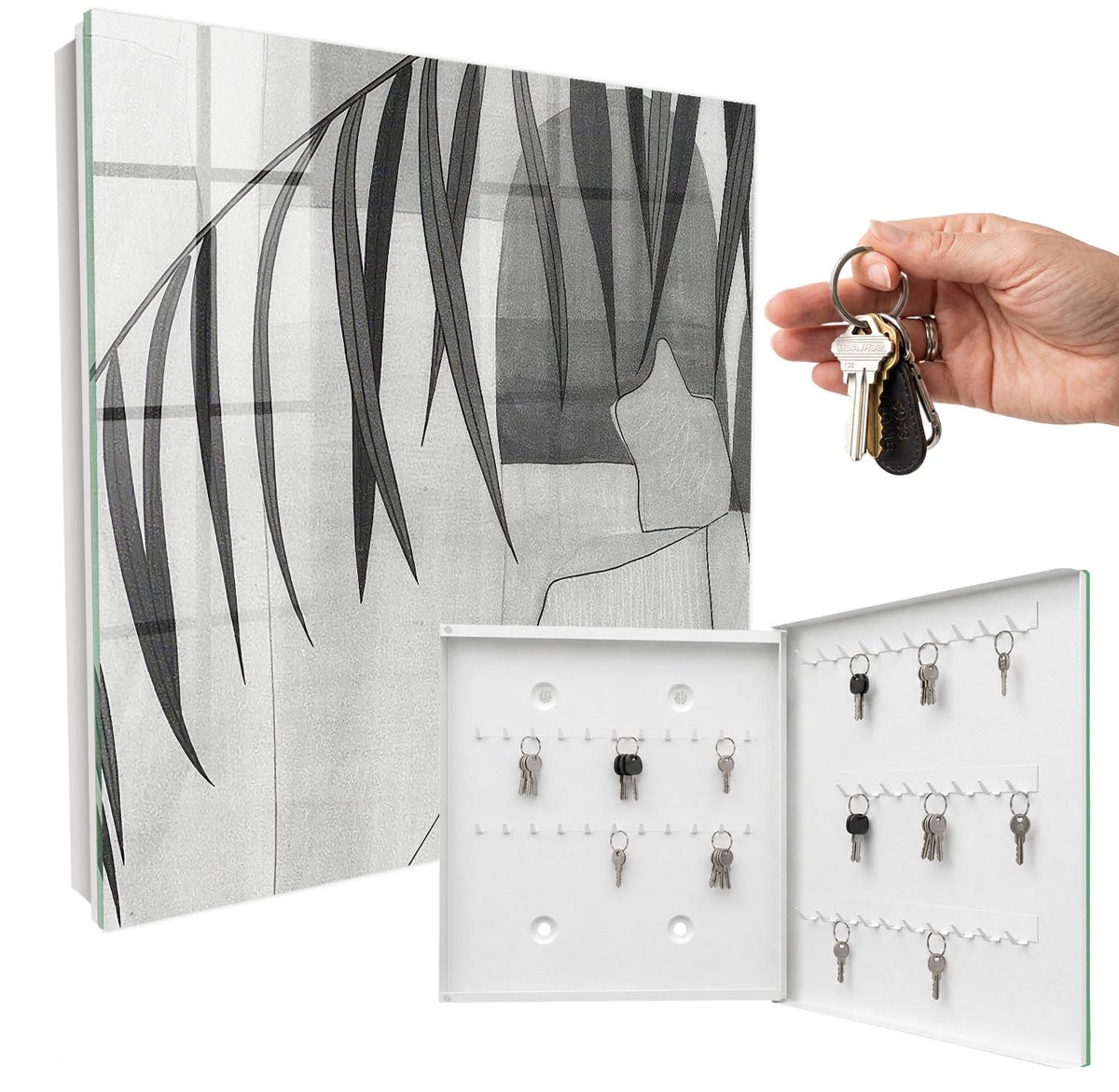 WallMuralia - Sleutelkast - 30x30x5 cm - met 50 haken - Grijze Bladeren Sleutelkastje Klein - Zwart Sleutelbox - Rechtsopenend - Wit interieur
